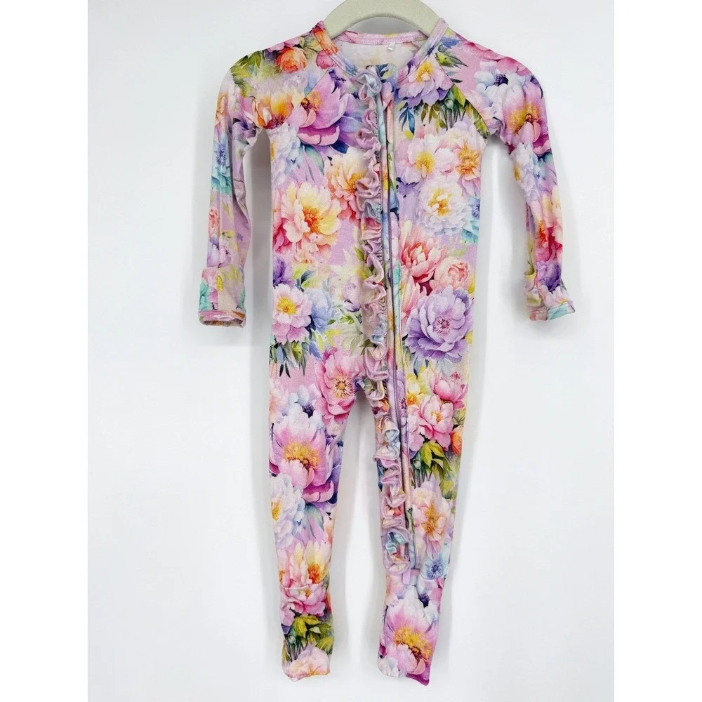 Lot 2 Bums & Roses Bamboo Ruffle‎ Romper Sleeper Pajamas Footie 3-6 Months